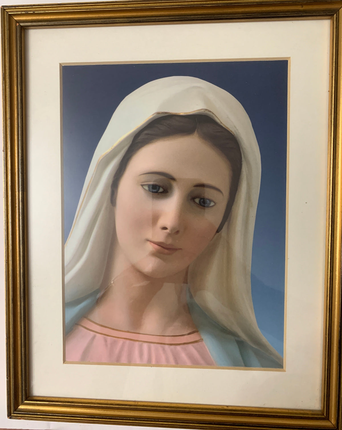 Quadro sacro vintage "Volto della Madonna" - Con grande cornice dorata, passepartout e vetro