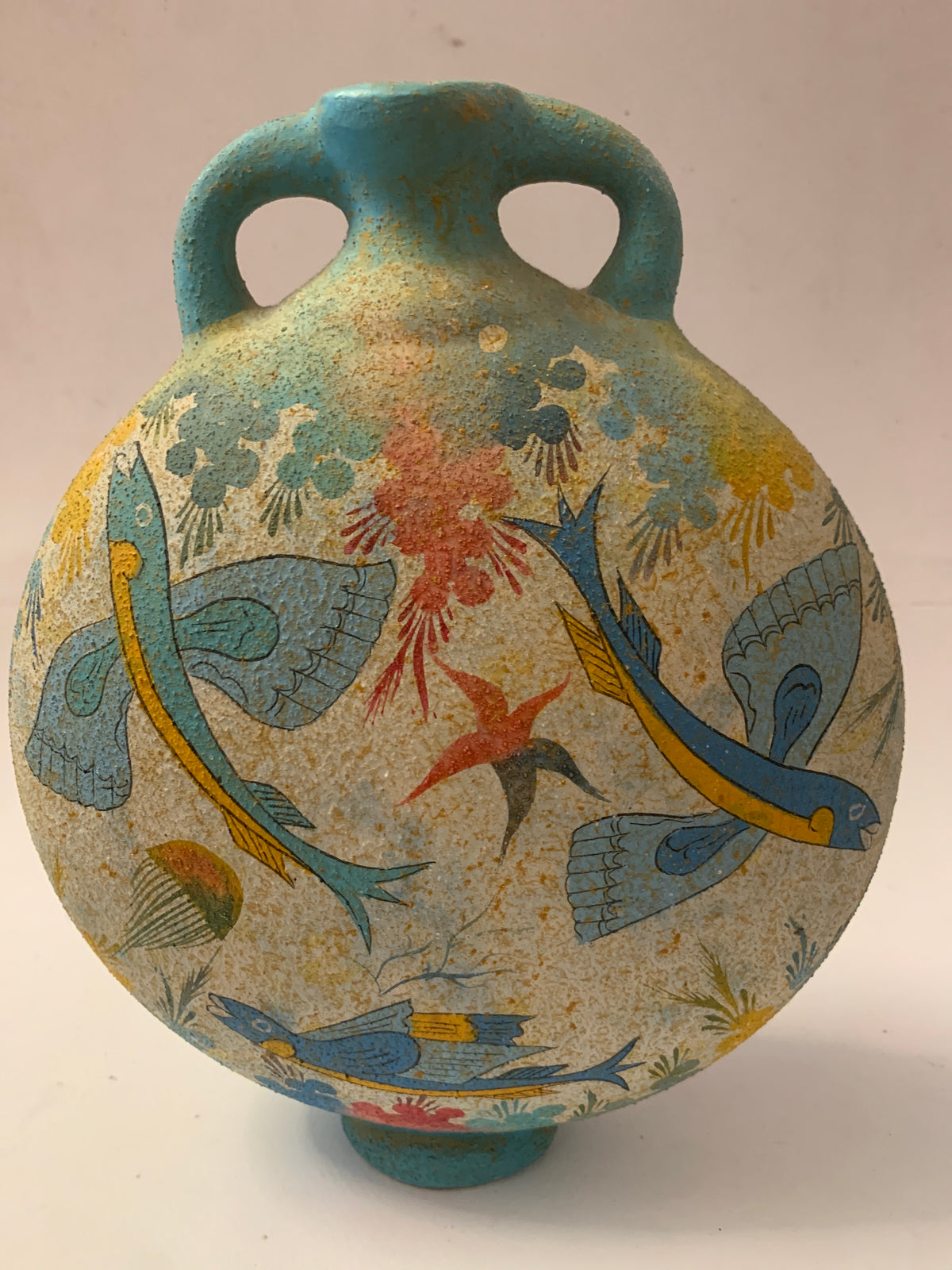 Fiasca in ceramica greca dipinta a mano "Museum Copy 1500 B.C." in stile minoico con pesci volanti.
