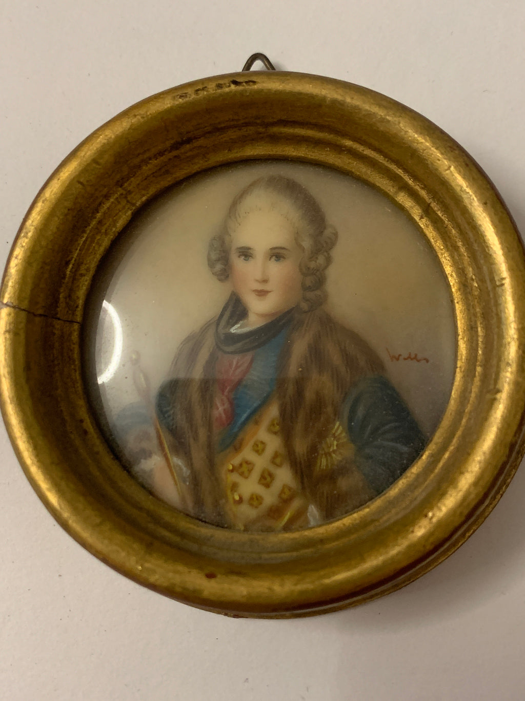 Miniatura Ritratto di Gentiluomo del '700 Firma Weber in Cornice Tonda Dorata
