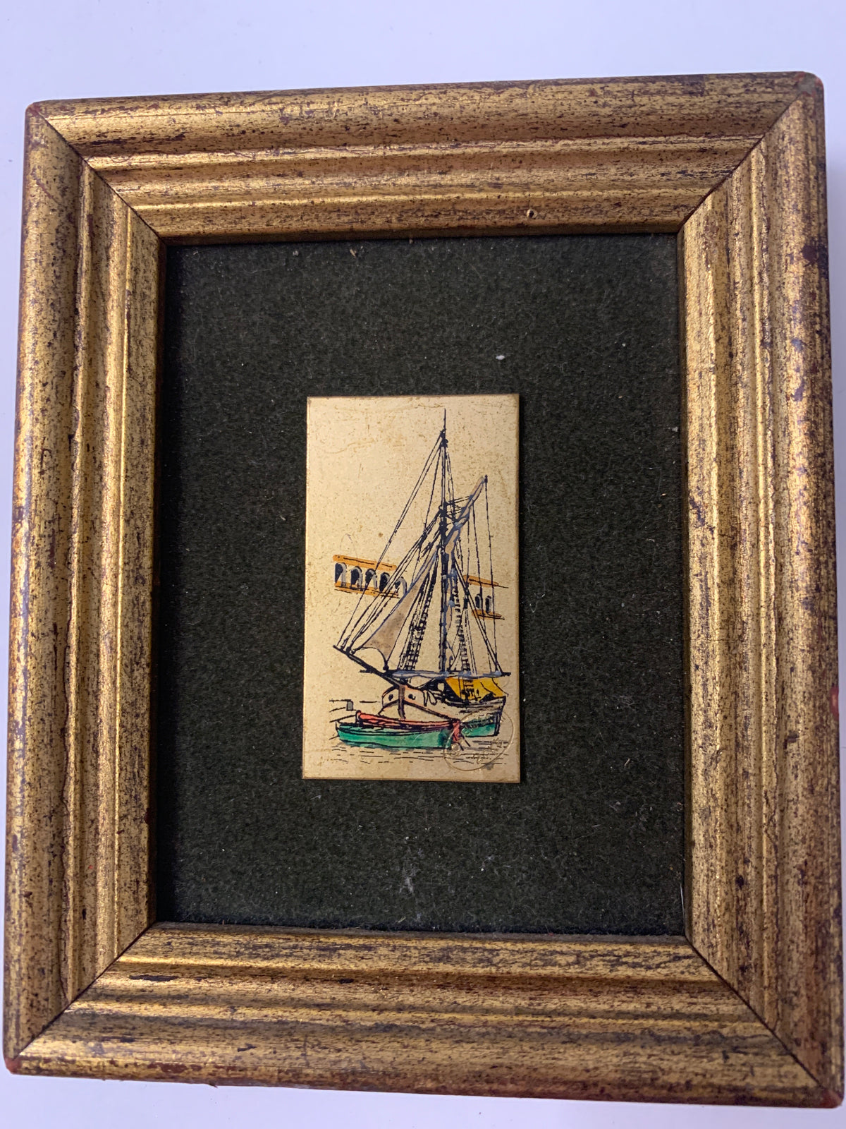 Quadretto Vintage Incisione Veliero Bagno Oro 24 kt Bertolini