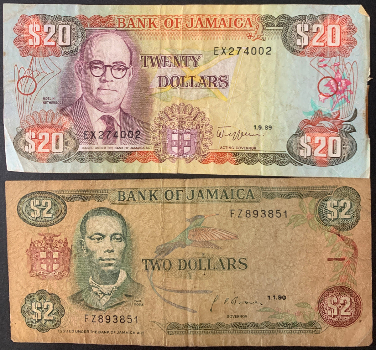Lotto 2 Banconote Giamaica (Bank of Jamaica) - 2 Dollari 1990 e 20 Dollari - Circolate