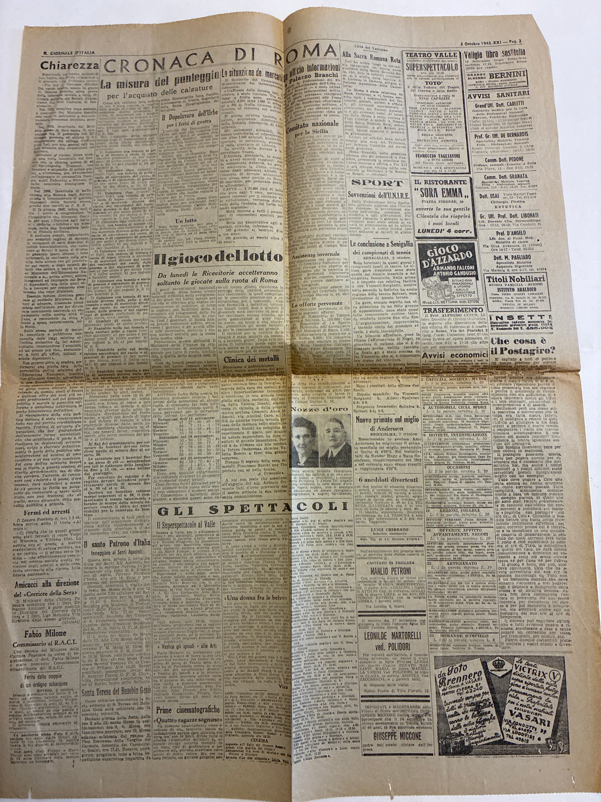 Raro Quotidiano Originale Il Giornale d'Italia 3 Ottobre 1943 - Discorso di Graziani al Teatro Adriano - RSI