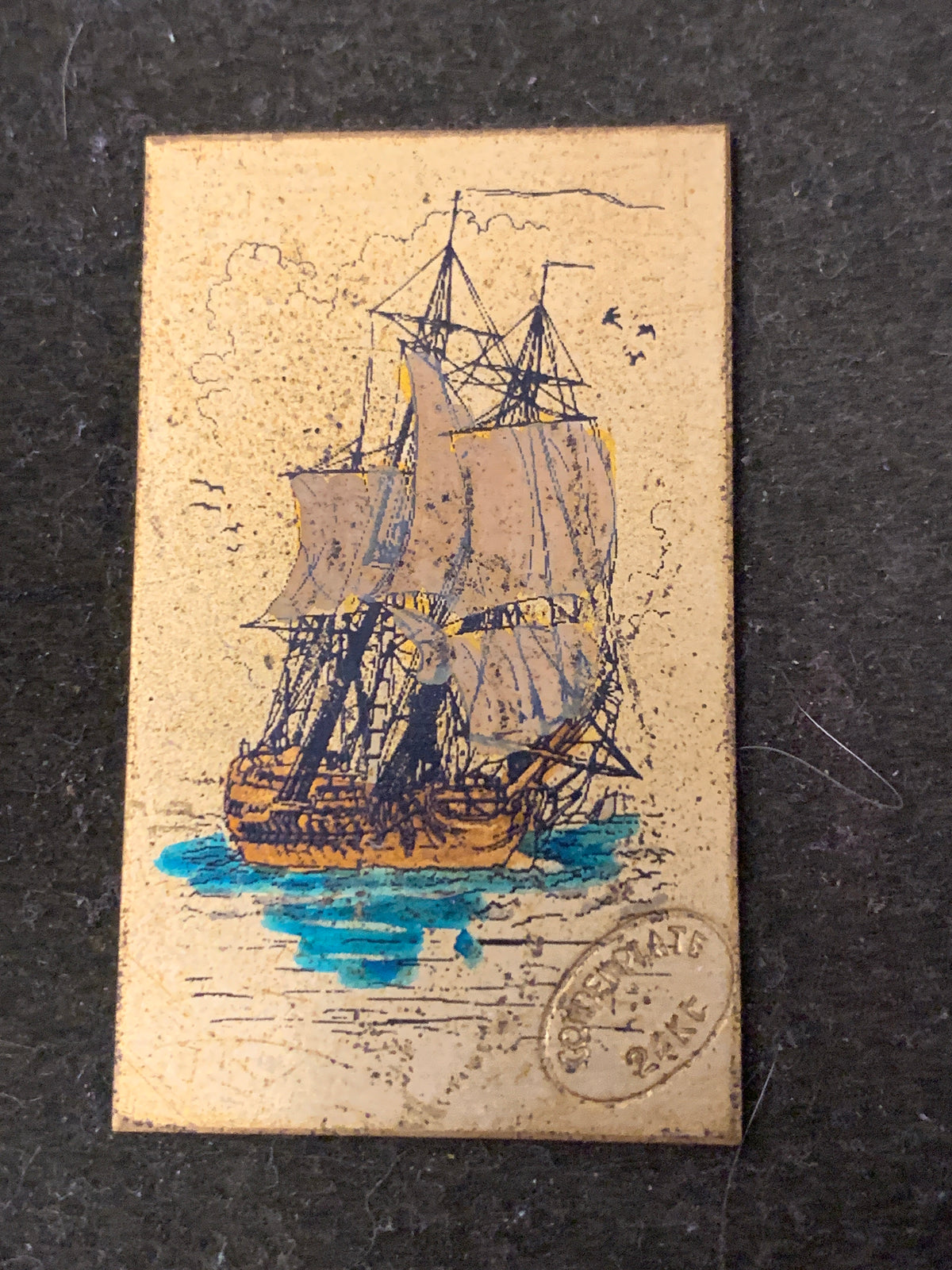 Miniatura Incisione Calcografica "Veliero" su Lastra di Ottone e Oro 24Kt - A. G. Onofri