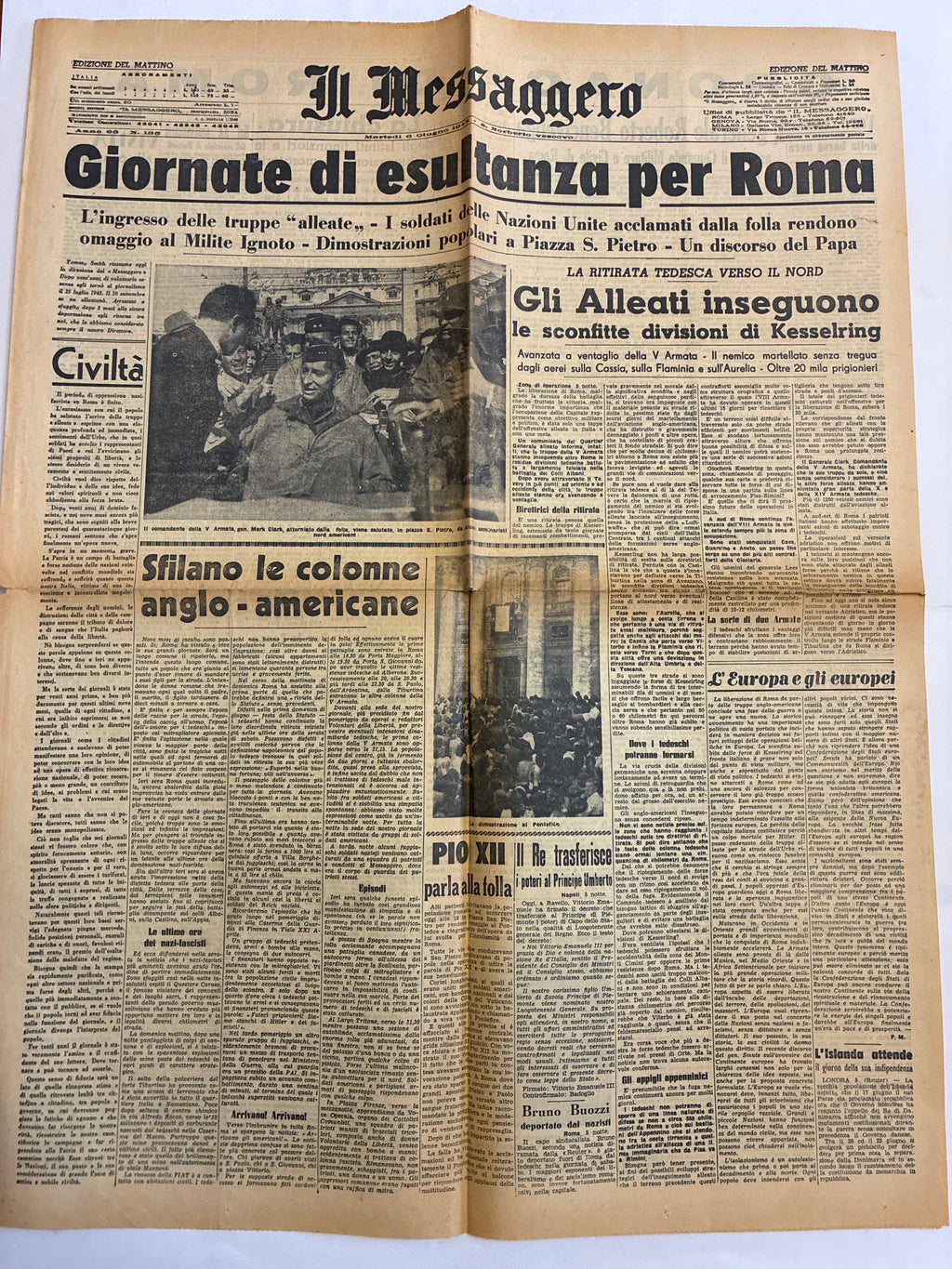 Quotidiano Originale Epoca Il Messaggero 6 Giugno 1944 Giornate di esultanza per Roma Seconda Guerra Mondiale