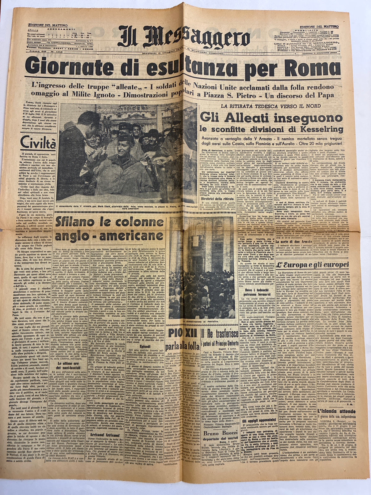 Quotidiano Originale Epoca Il Messaggero 6 Giugno 1944 Giornate di esultanza per Roma Seconda Guerra Mondiale
