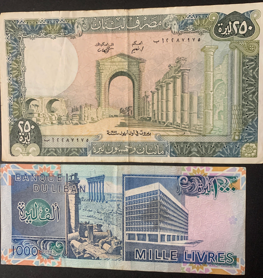 Lotto 2 Banconote Vintage Libano: 250 Livres 1987 e 1000 Livres Banque du Liban