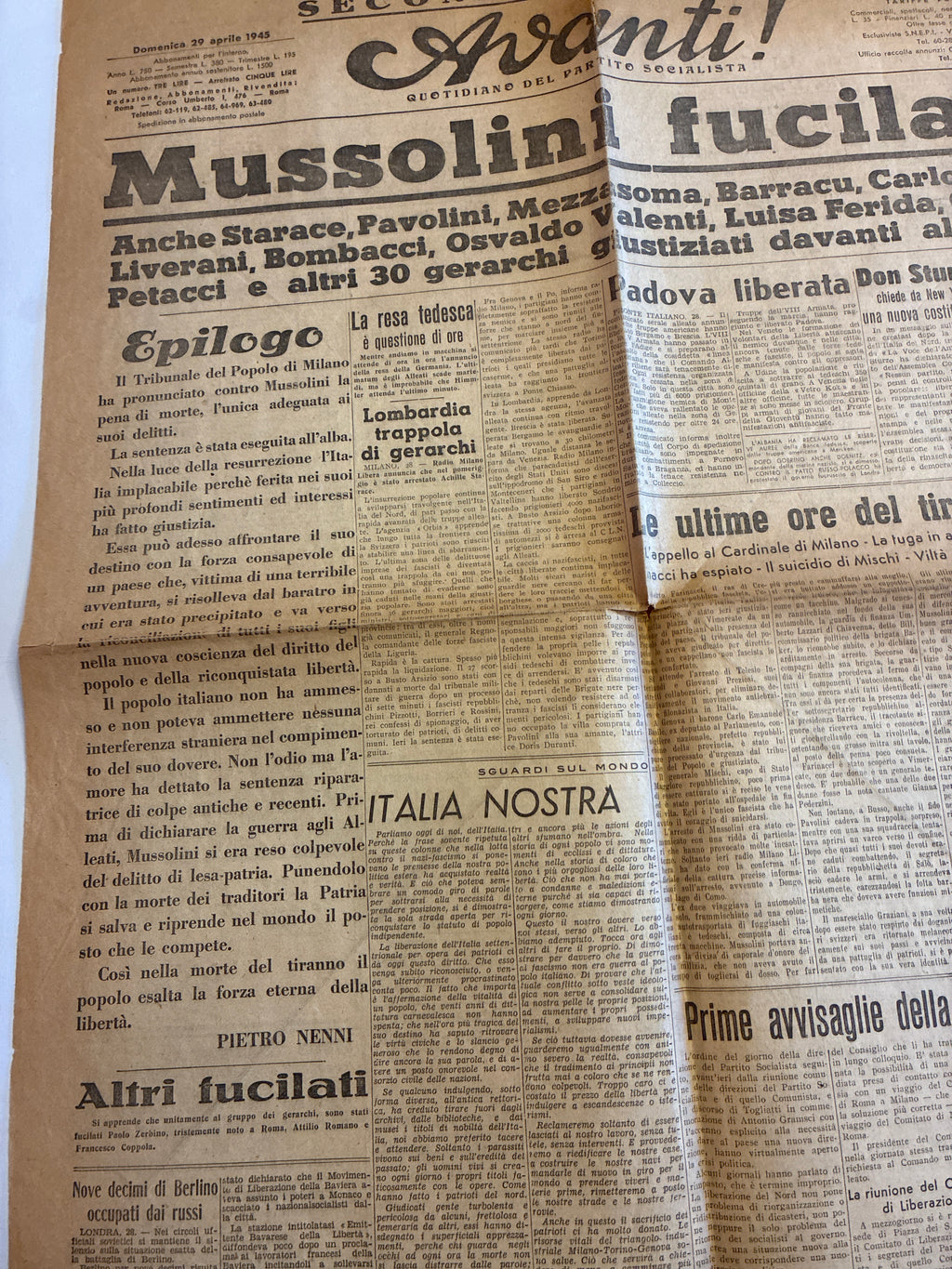 Storico Quotidiano Originale L'Avanti! 29 Aprile 1945 - Seconda Edizione Roma - Fucilazione Mussolini e Gerarchi