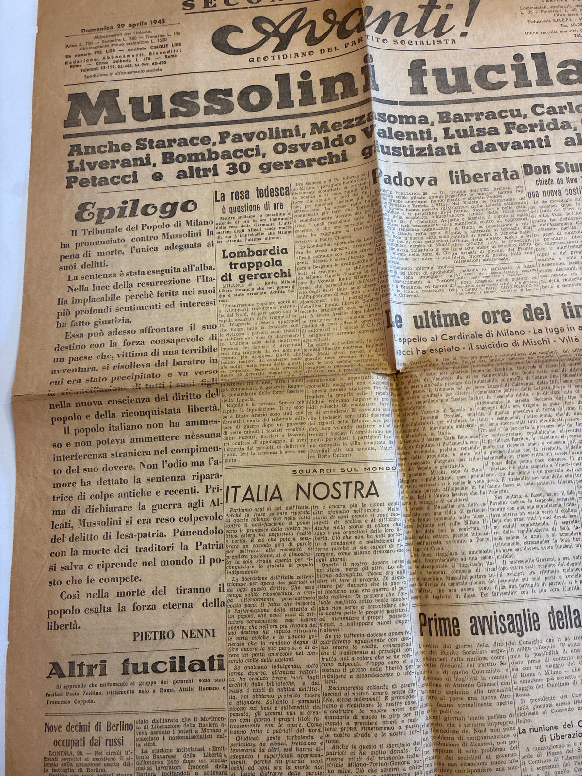 Storico Quotidiano Originale L'Avanti! 29 Aprile 1945 - Seconda Edizione Roma - Fucilazione Mussolini e Gerarchi
