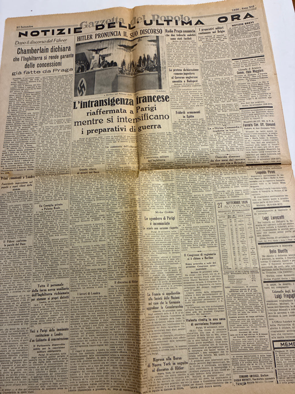 Quotidiano Storico Gazzetta del Popolo 27 Settembre 1938 Fascismo Mussolini Crisi Monaco
