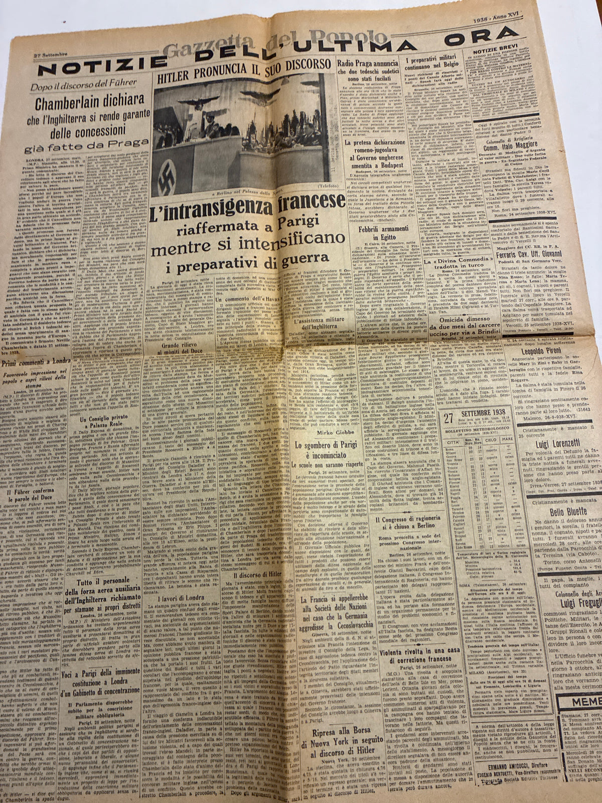 Quotidiano Storico Gazzetta del Popolo 27 Settembre 1938 Fascismo Mussolini Crisi Monaco