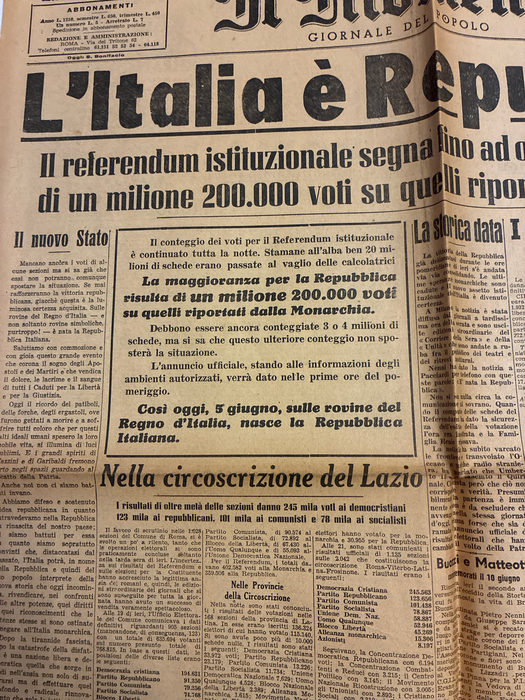Quotidiano ORIGINALE 5 Giugno 1946 Il Momento Proclamazione REPUBBLICA Completo