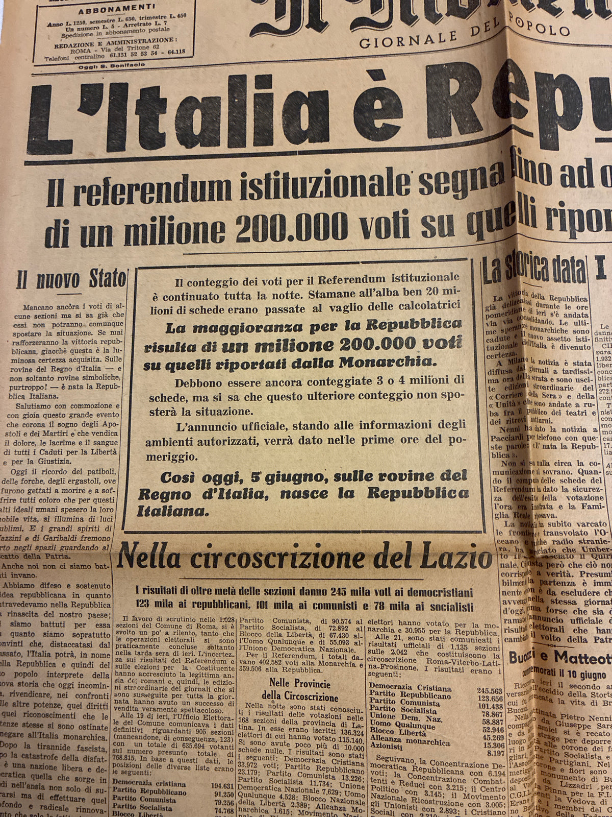 Quotidiano ORIGINALE 5 Giugno 1946 Il Momento Proclamazione REPUBBLICA Completo