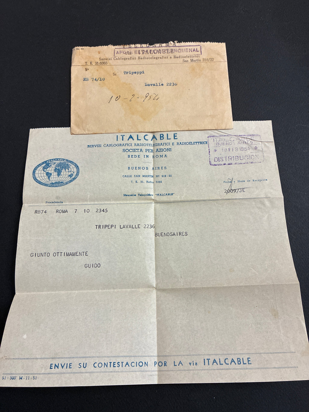 Telegramma Transatlantico Italcable (1954) Roma - Buenos Aires completo di busta originale.