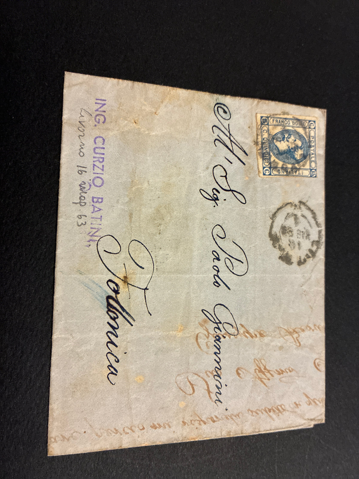 Busta 16/05/1863 Regno d'Italia 15 C. Litografico I Tipo per Follonica con Lineare Batini e Nota Manoscritta