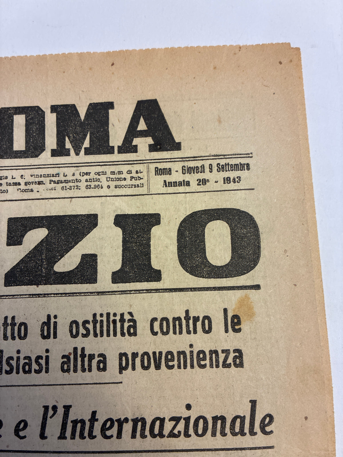 Quotidiano Storico Il Popolo di Roma 9 Settembre 1943 Armistizio Badoglio Integro