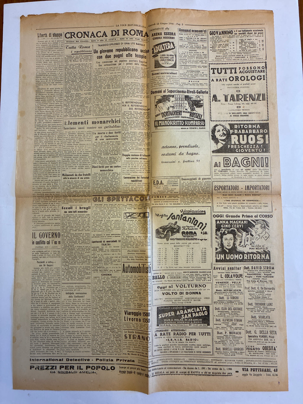 GIORNALE ORIGINALE 13 Giugno 1946 La Voce Repubblicana - ARRESTO E ESPULSIONE UMBERTO SAVOIA Conservazione Eccellente