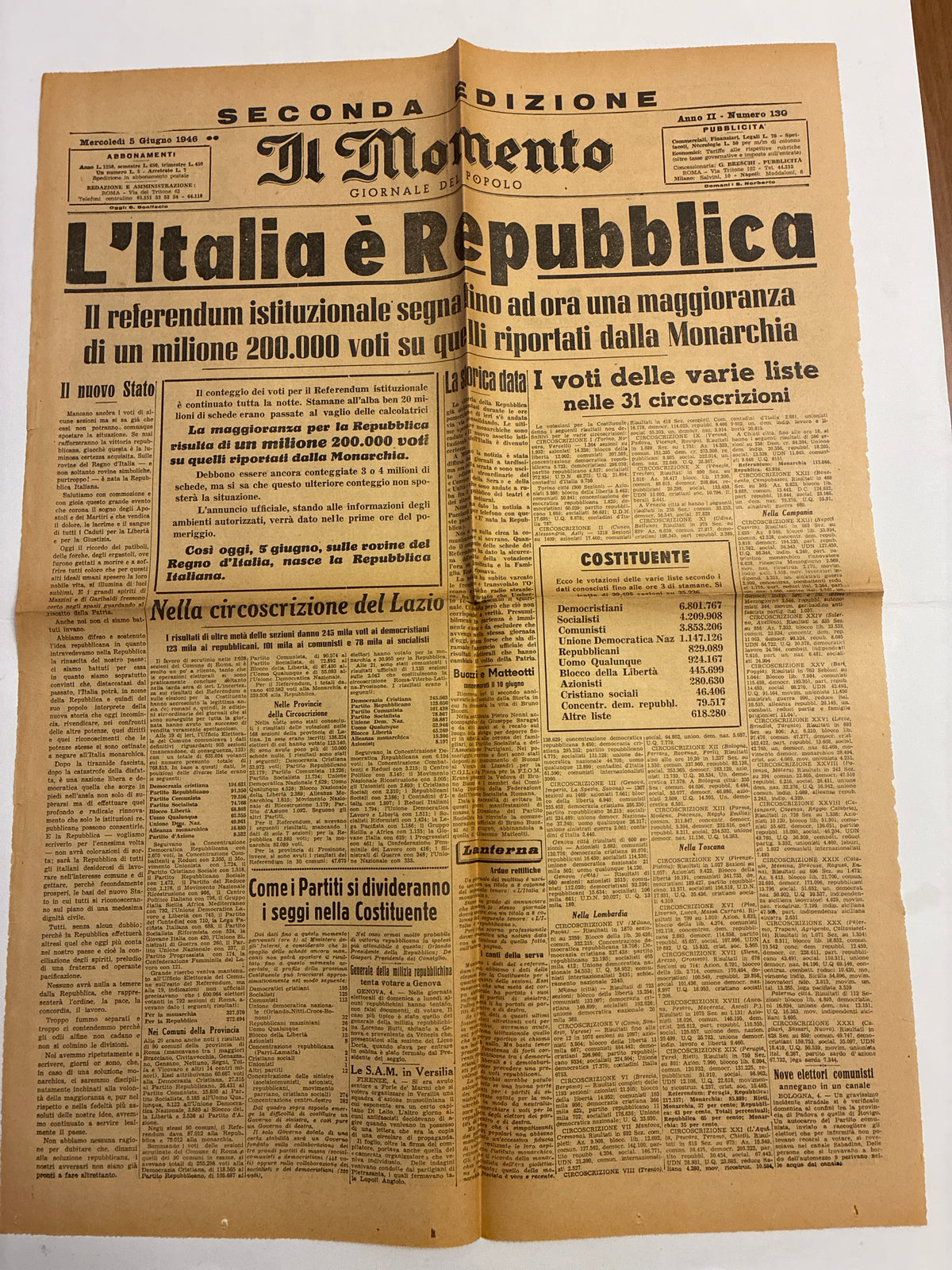 Quotidiano ORIGINALE 5 Giugno 1946 Il Momento Proclamazione REPUBBLICA Completo