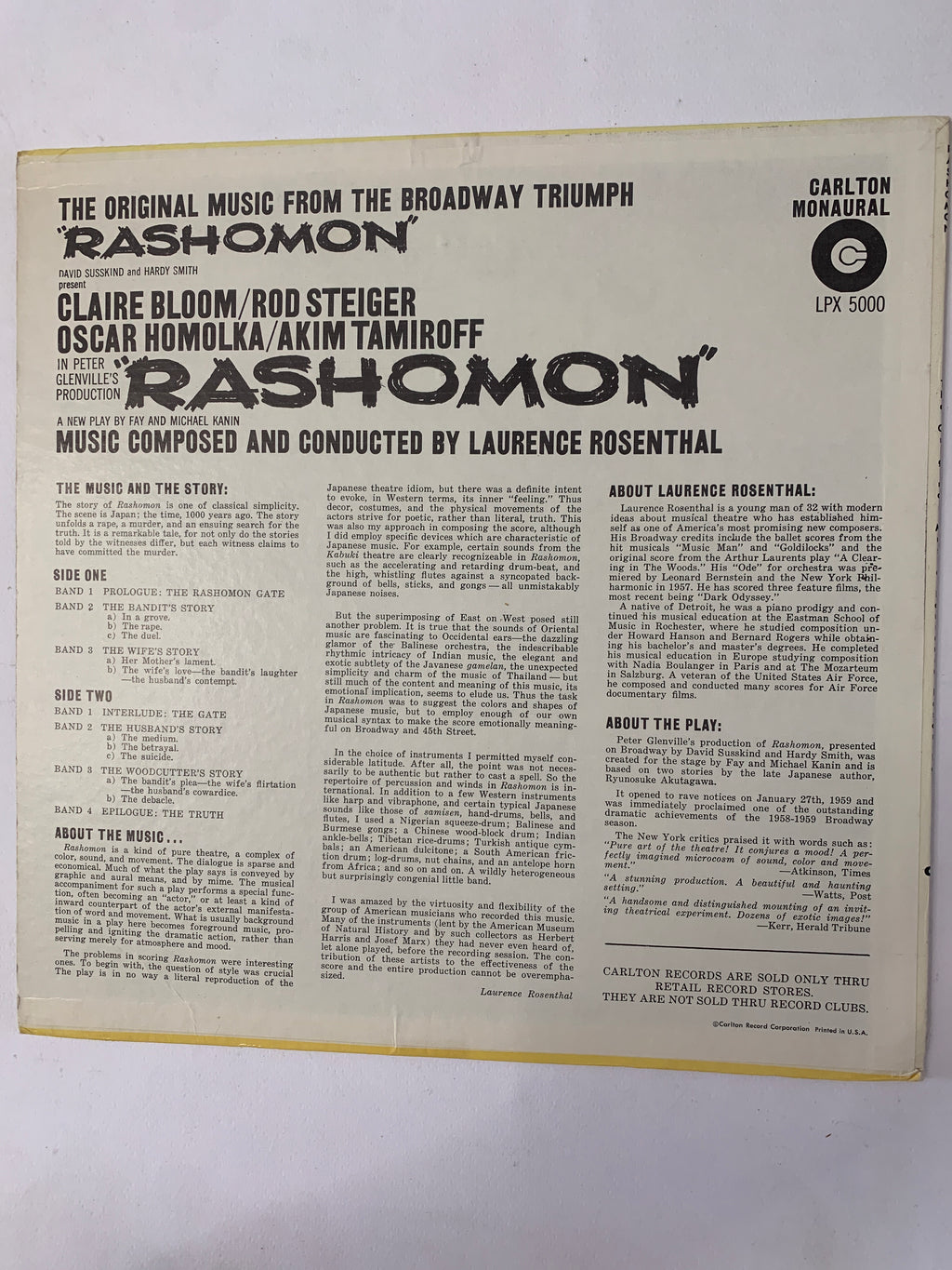 Laurence Rosenthal – Rashomon (The Original Music From The Broadway Triumph) LP Vinyl Carlton LPX 5000 (1959)