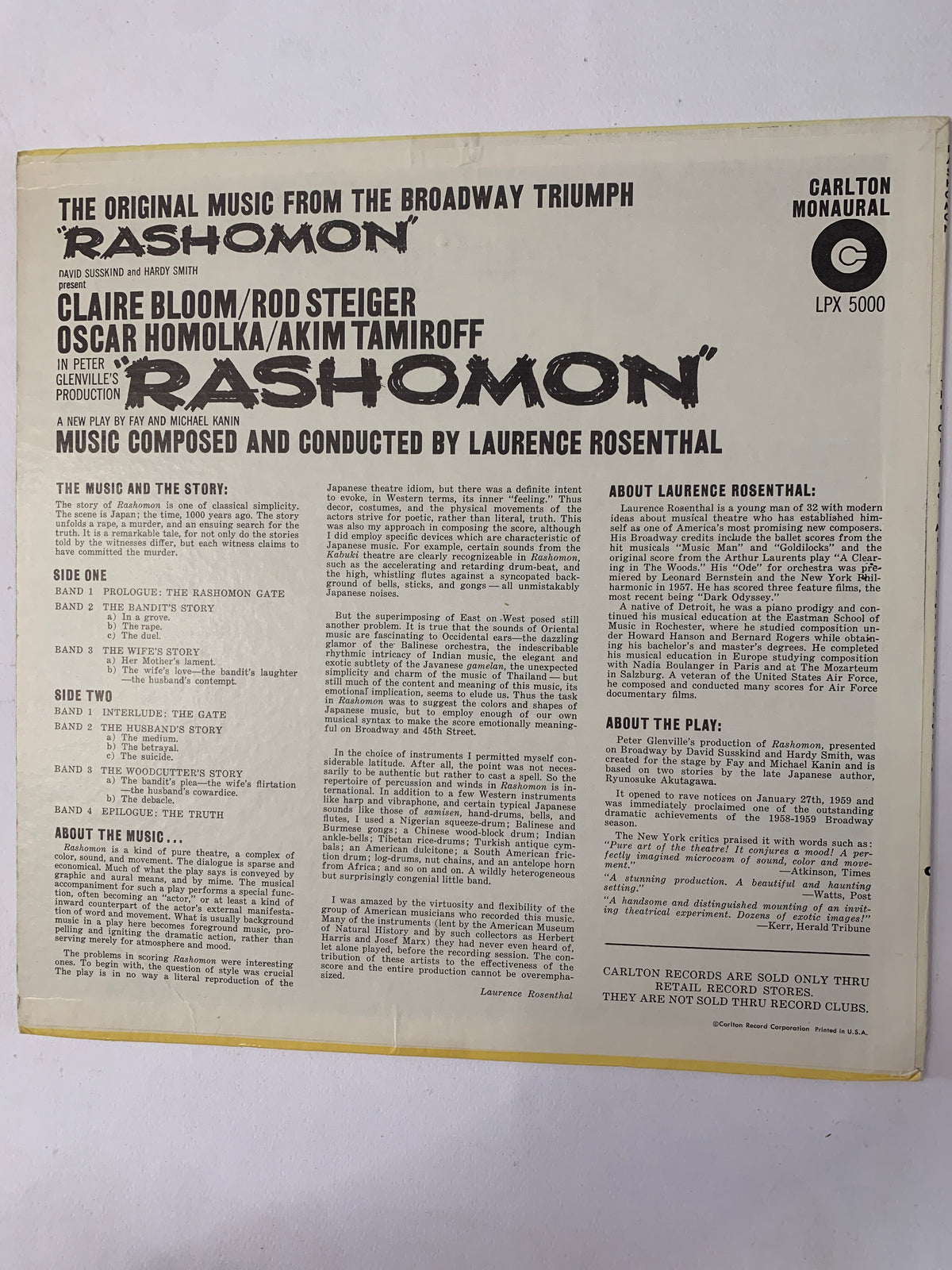 Laurence Rosenthal – Rashomon (The Original Music From The Broadway Triumph) LP Vinyl Carlton LPX 5000 (1959)