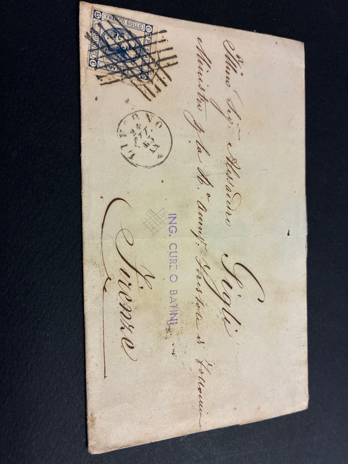 Busta 23/10/1863 Regno d'Italia 15 C. Litografico II Tipo Annullato a Barre con Transito Livorno e Lineare Batini