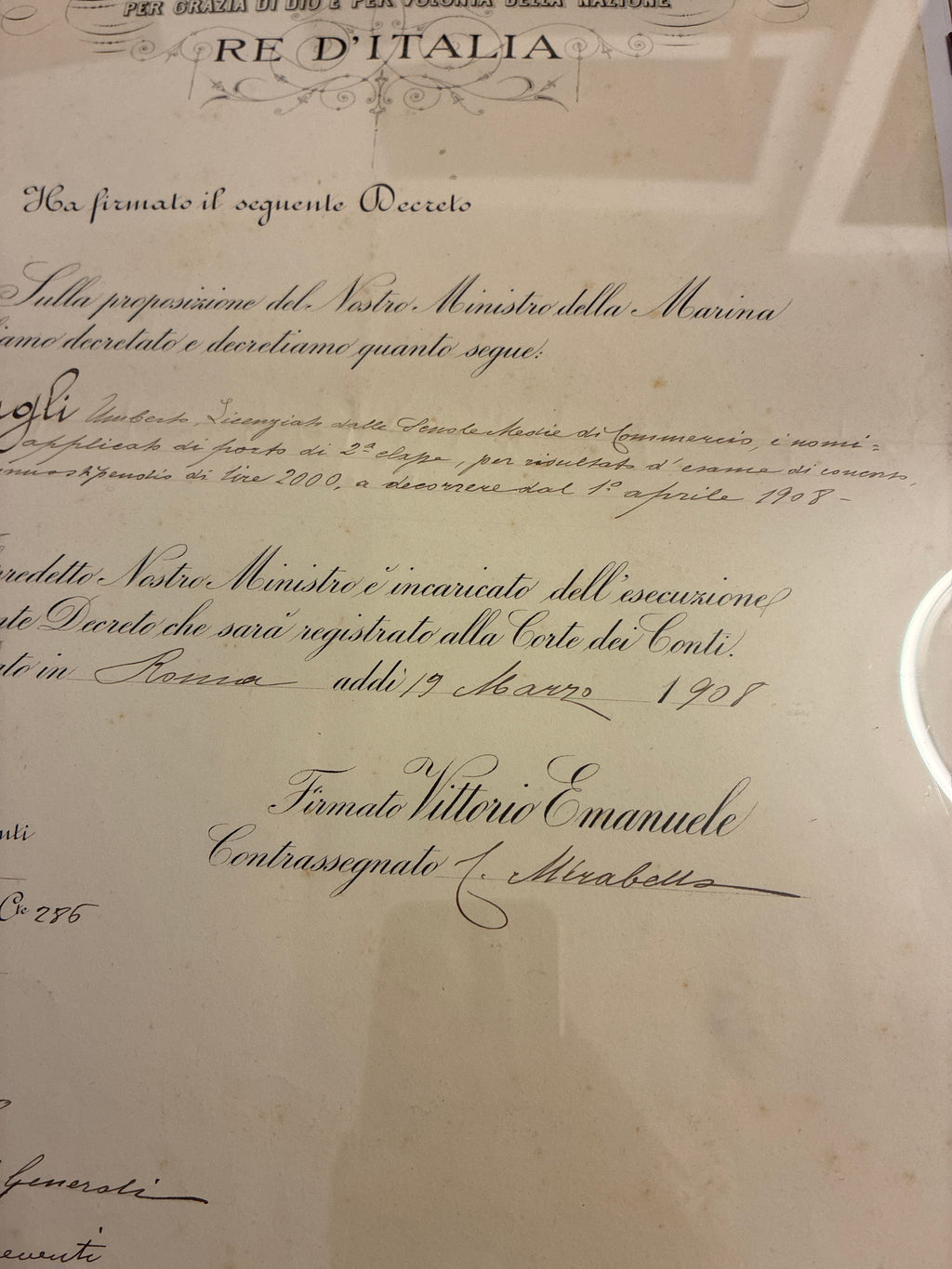 Raro Regio Decreto 1908 Nomina Regia Marina Umberto Lugli - Ministro Mirabello Timbro Viola - Incorniciato Storia Sabauda