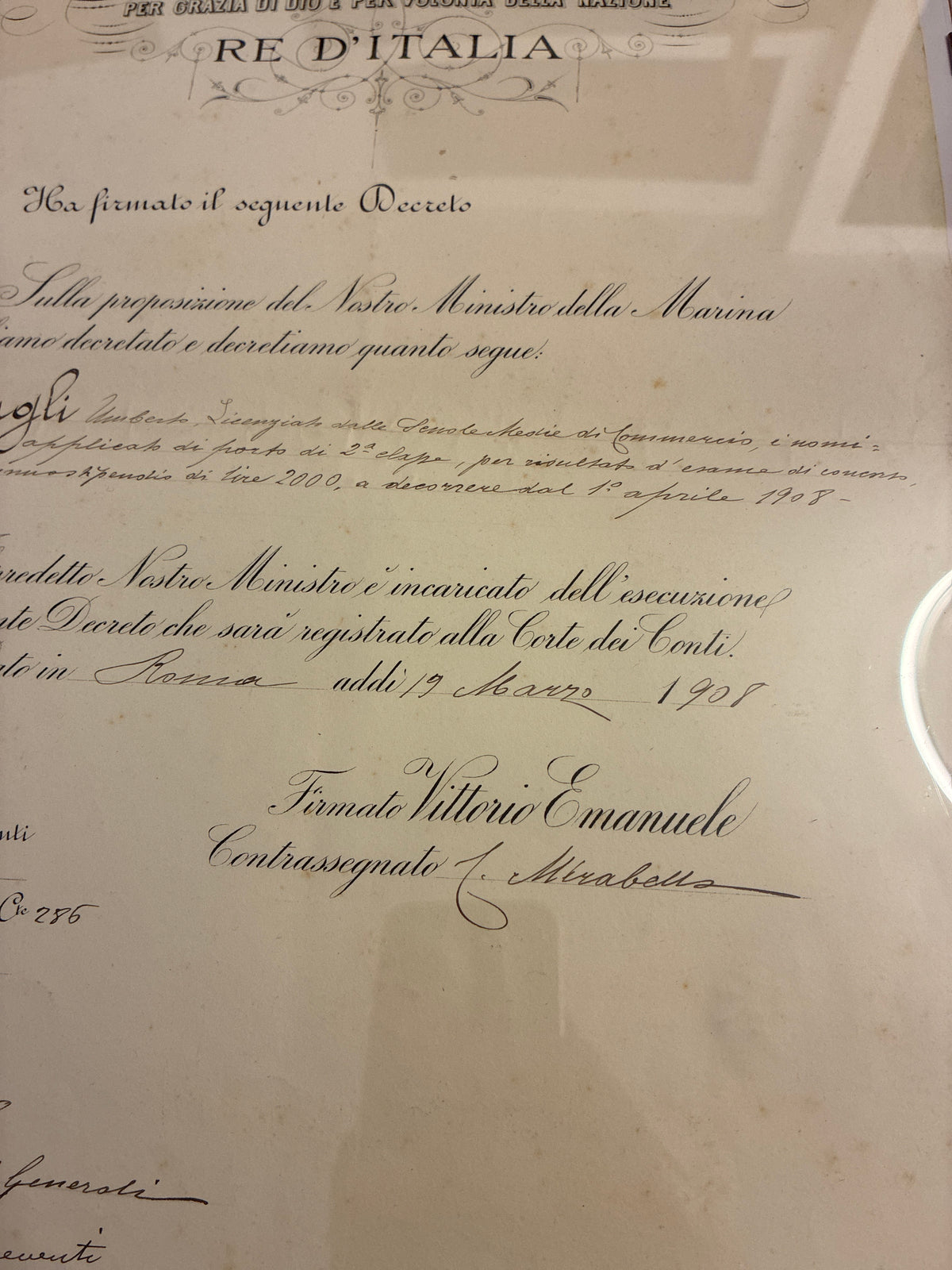 Raro Regio Decreto 1908 Nomina Regia Marina Umberto Lugli - Ministro Mirabello Timbro Viola - Incorniciato Storia Sabauda