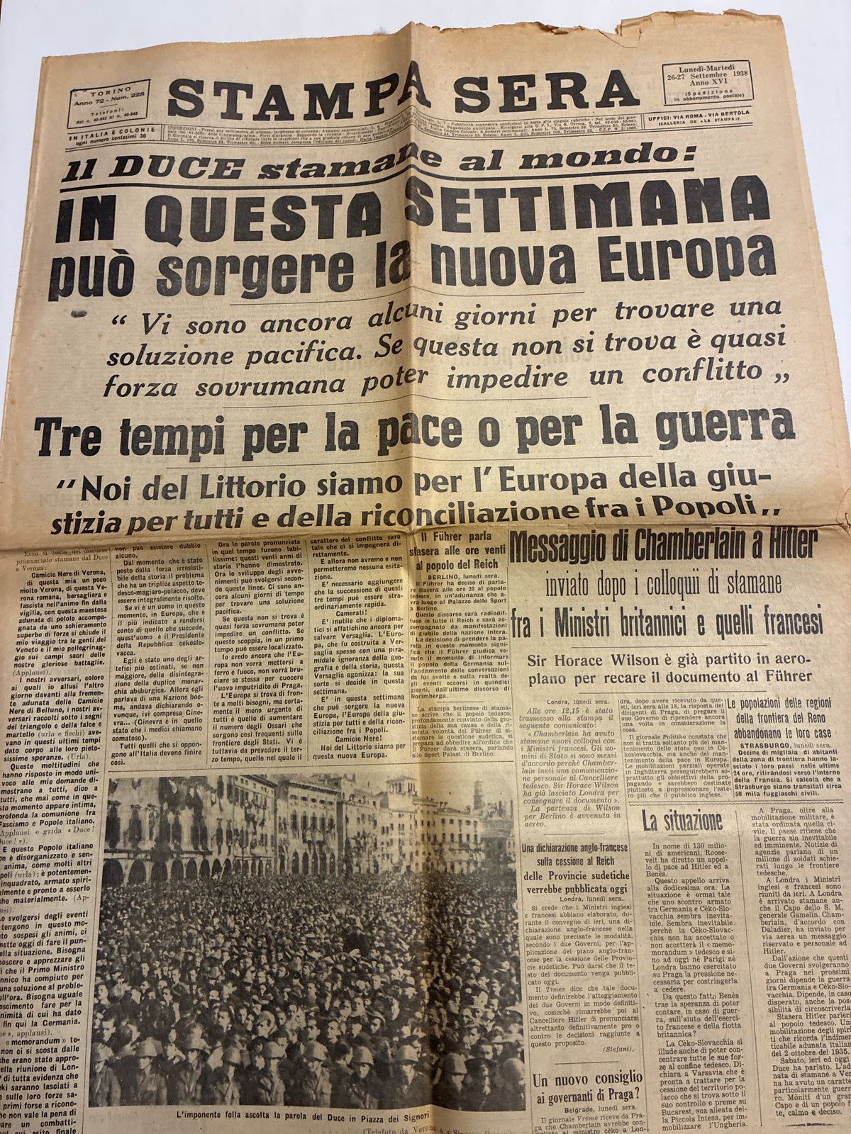 Quotidiano Storico Stampa Sera 26-27 Settembre 1938 Crisi di Monaco Fascismo Mussolini