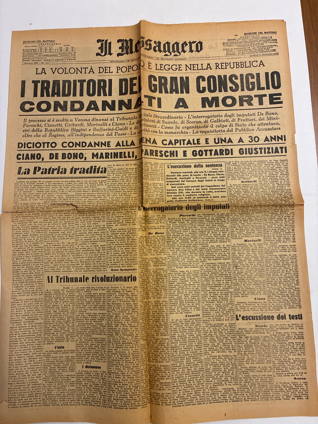 Quotidiano ORIGINALE 12 Gennaio 1944 Il Messaggero Processo di Verona Ciano Condannato COMPLETO