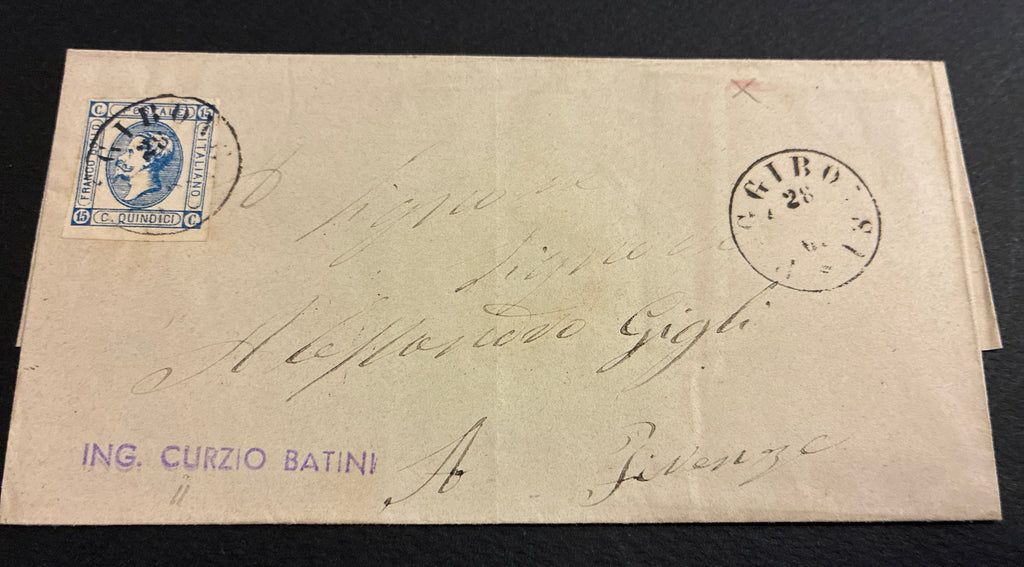Lettera 1863 con 15 Centesimi Azzurro Primo Tipo "Matraire" dall'Archivio e Collezione dell'Ing. Curzio Batini