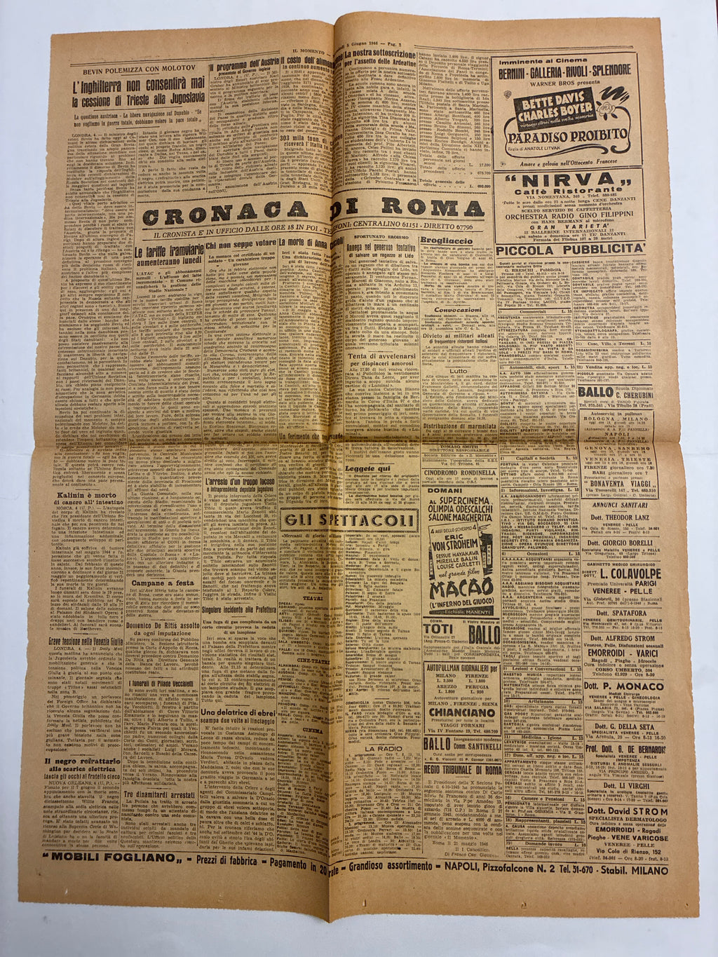 Quotidiano ORIGINALE 5 Giugno 1946 Il Momento Proclamazione REPUBBLICA Completo