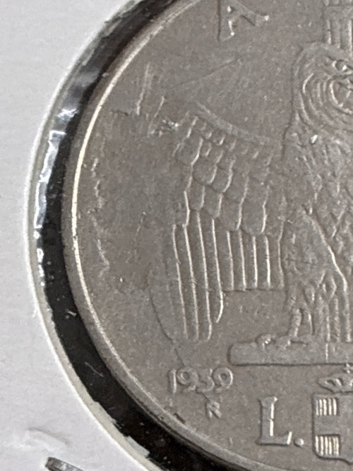 1 lira 1939 Errore di Conio per Conio Ostruito sulle Lettere "I T" della Scrittura Italia al Rovescio