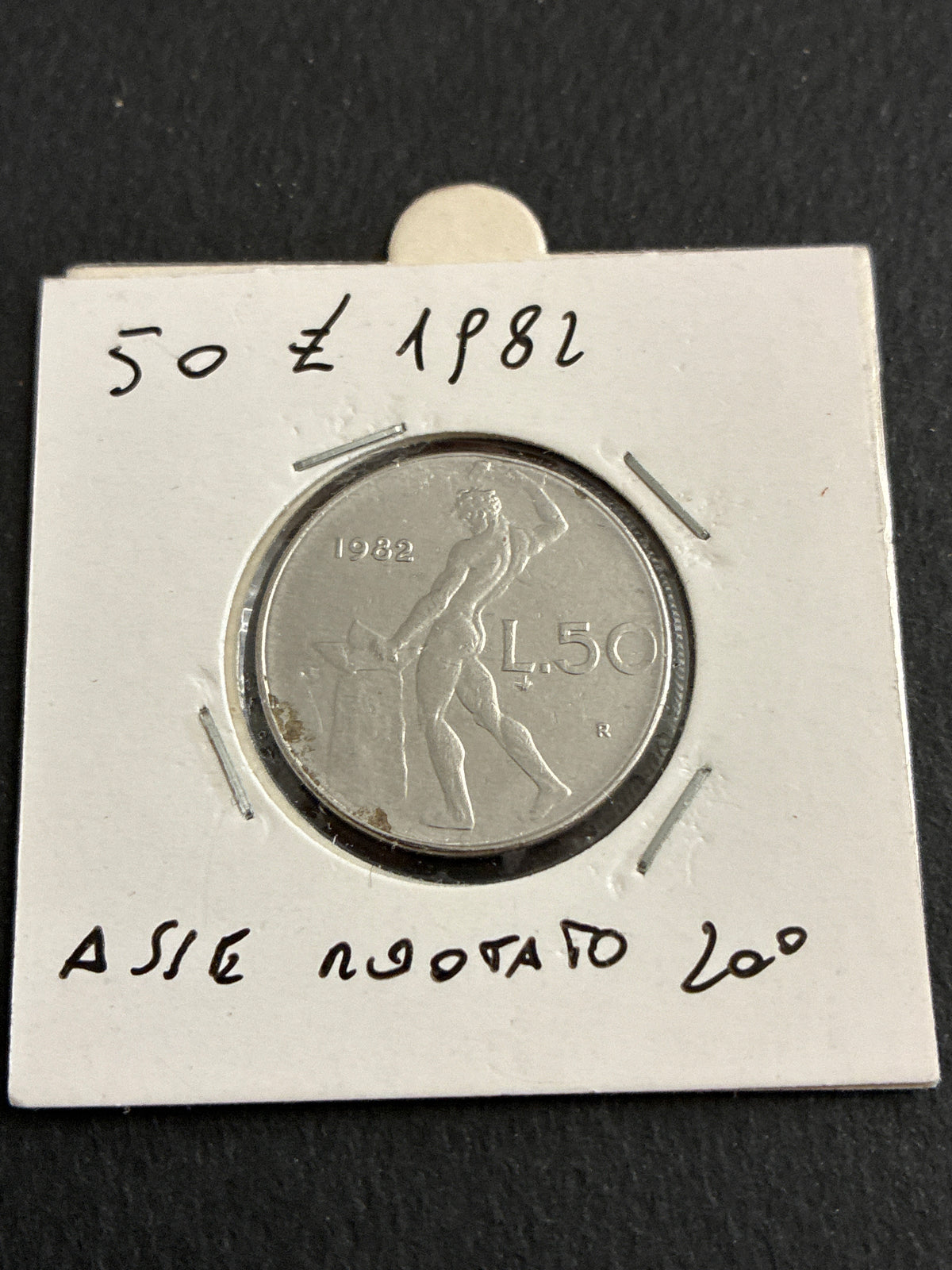 50 Lire 1982 Repubblica Italiana Vulcano variante con errore di conio asse ruotato di 20 gradi