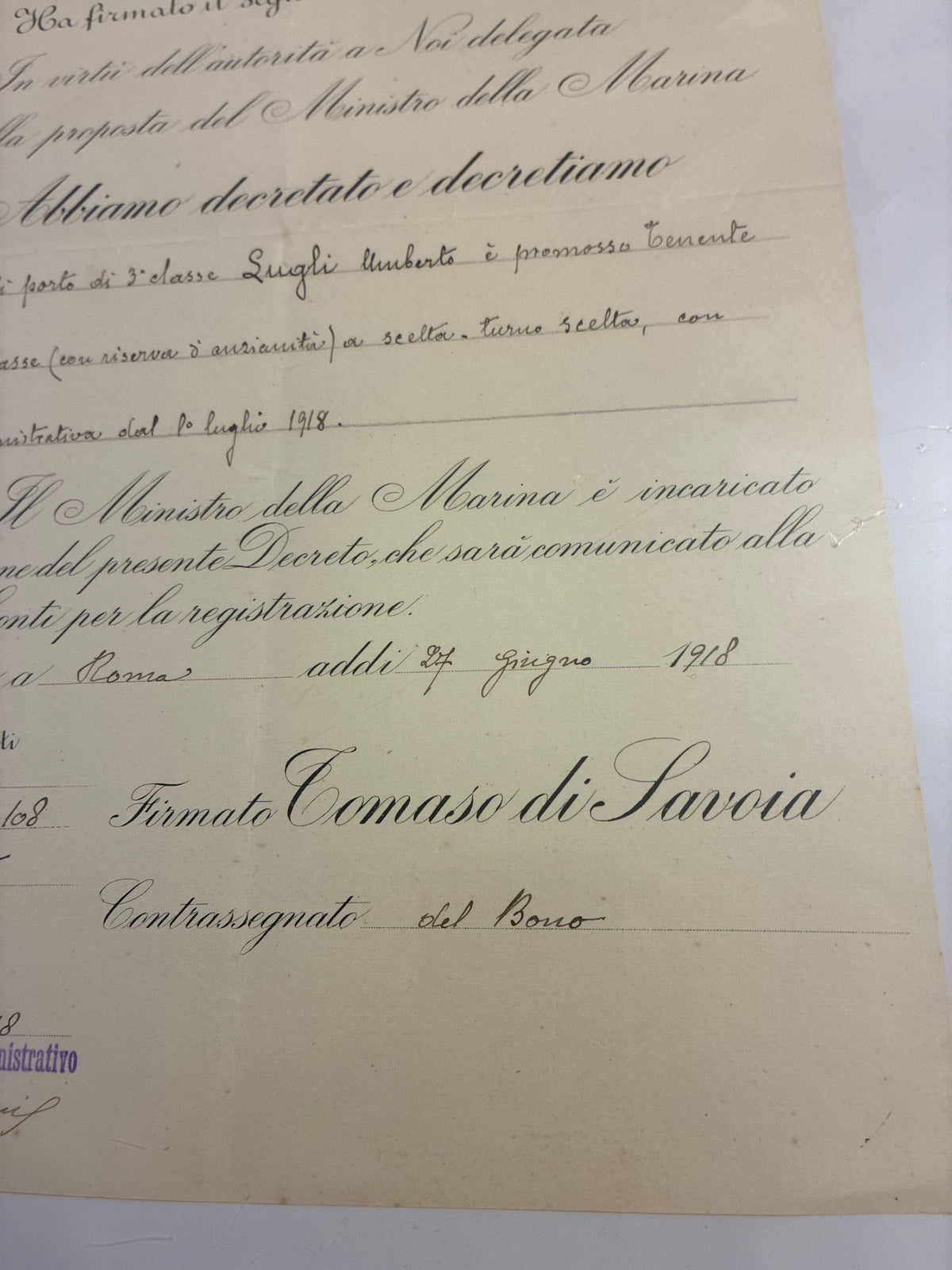 Raro Decreto Luogotenenziale 1918 Riserva Anzianità Umberto Lugli - Tomaso di Savoia - Incorniciato Grande Guerra