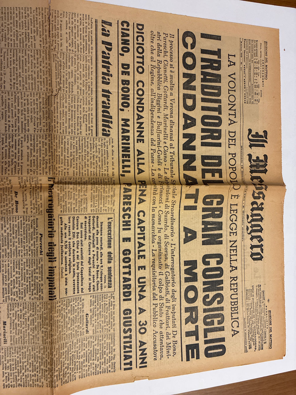Quotidiano ORIGINALE 12 Gennaio 1944 Il Messaggero Processo di Verona Ciano Condannato COMPLETO