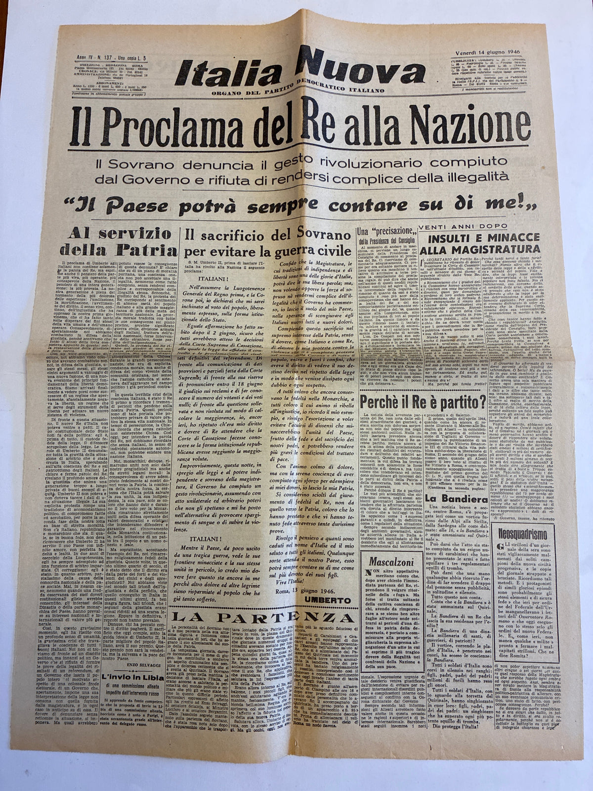 GIORNALE ORIGINALE 14 Giugno 1946 Italia Nuova - ULTIMO PROCLAMA RE UMBERTO II ESILIO Eccellente Stato