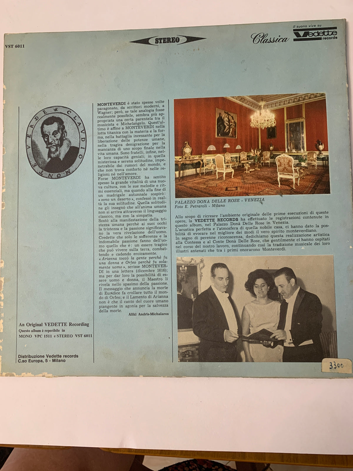 Claudio Monteverdi – Il combattimento di Tancredi e Clorinda / Il lamento di Arianna – LP Vinile Vedette Classica VST 6011