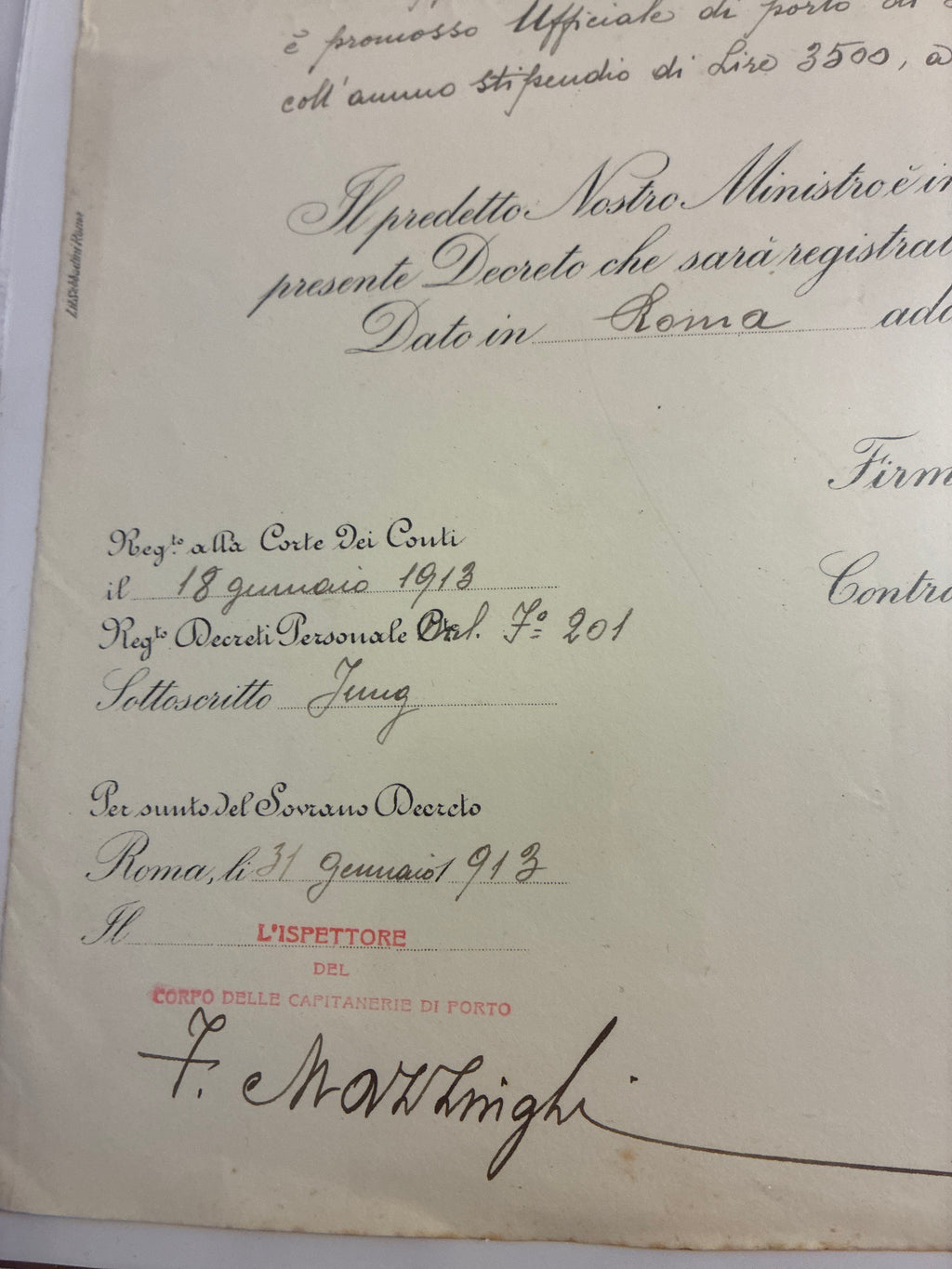 Raro Regio Decreto 1912 Promozione Ufficiale Capitanerie Umberto Lugli - Timbro Rosso - Incorniciato Storia Sabauda