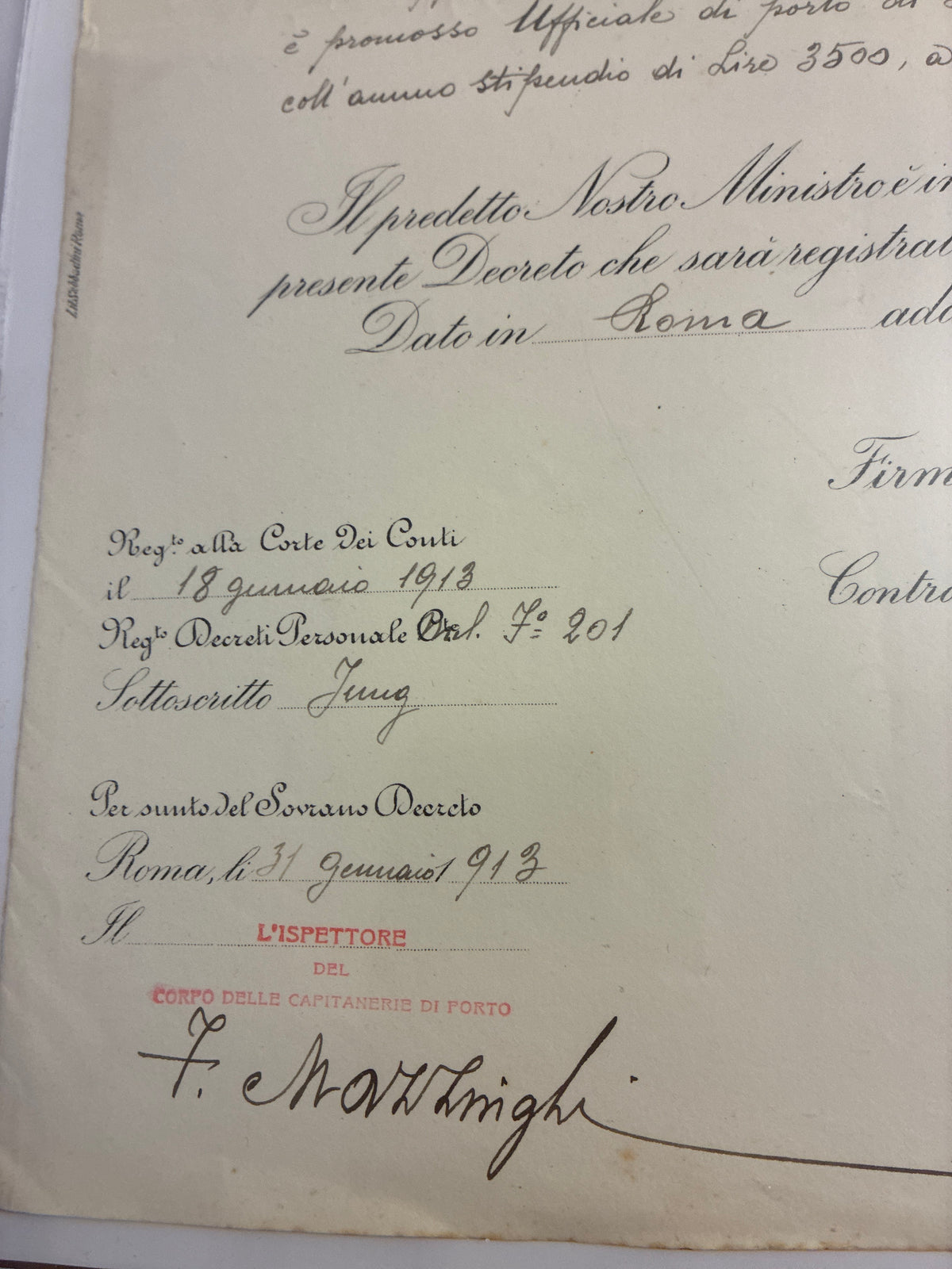 Raro Regio Decreto 1912 Promozione Ufficiale Capitanerie Umberto Lugli - Timbro Rosso - Incorniciato Storia Sabauda