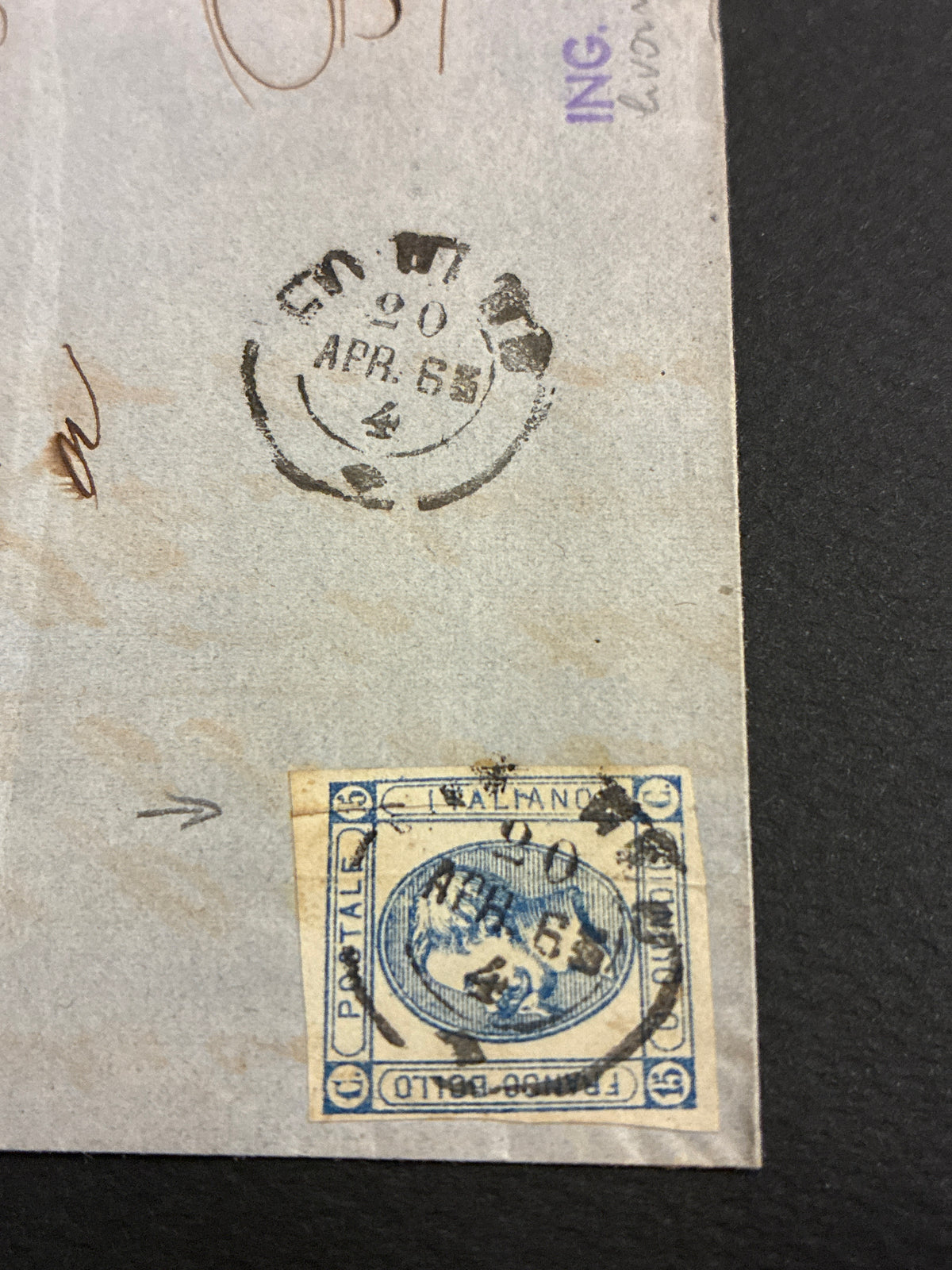 Lettera 1863 con 15 Centesimi Azzurro Primo Tipo "Matraire" in uso precoce dall'Archivio e Collezione dell'Ing. Curzio Batini