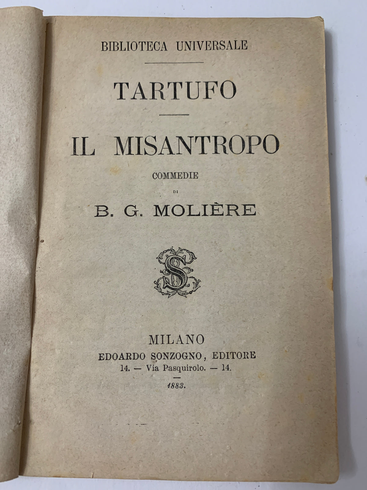 Libro Molière Tartufo e Il Misantropo Sonzogno 1883 Biblioteca Universale N. 28