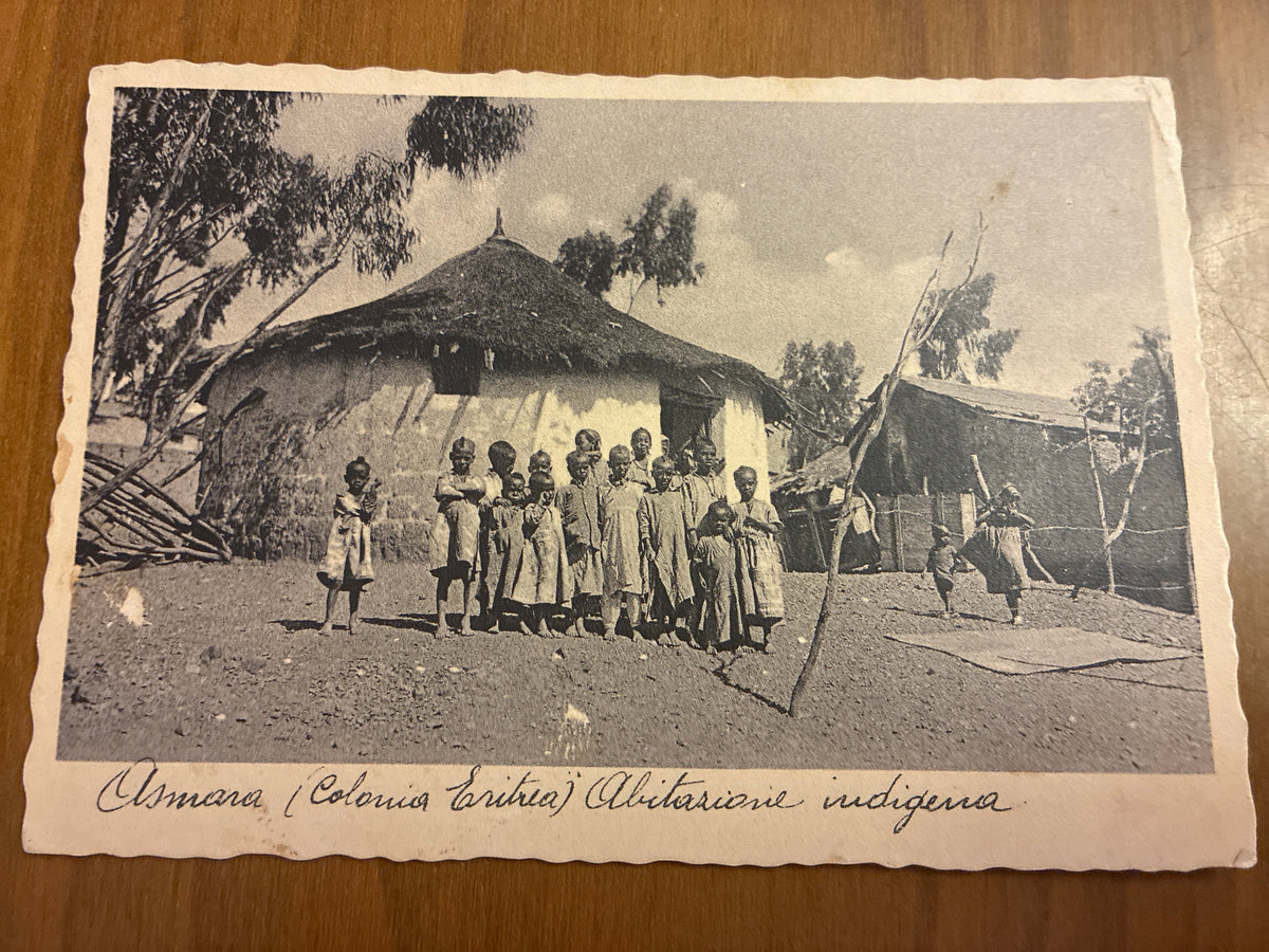 Rara cartolina d'epoca coloniale fotografica (tipo Fotoseta) dell'Eritrea, viaggiata nel 1937 con interessante documento di storia postale