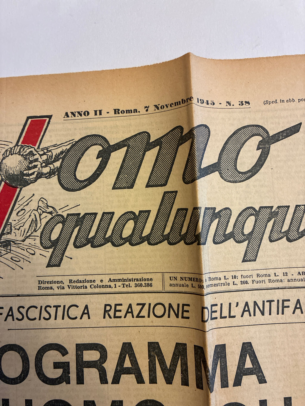 Storico Giornale Originale L'Uomo Qualunque 7 Novembre 1945 - N. 38 Edizione Roma - Il Programma Politicoi