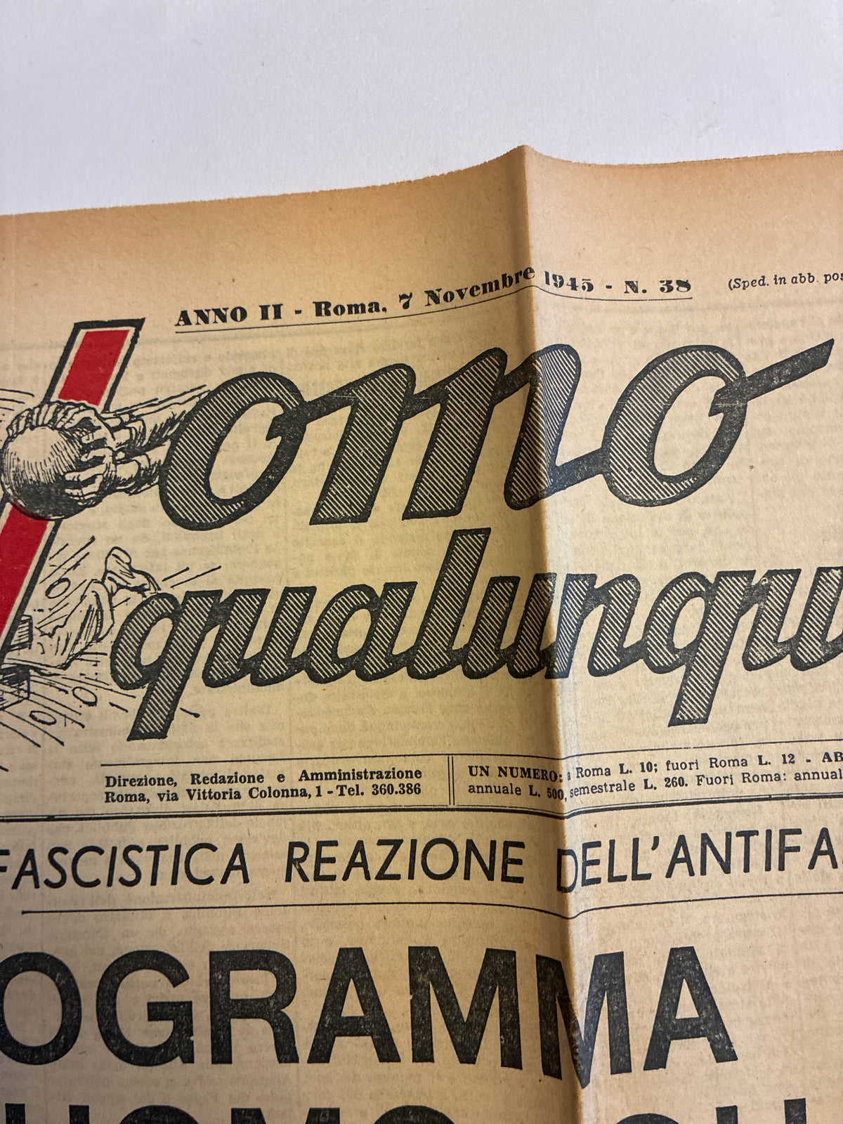 Storico Giornale Originale L'Uomo Qualunque 7 Novembre 1945 - N. 38 Edizione Roma - Il Programma Politicoi