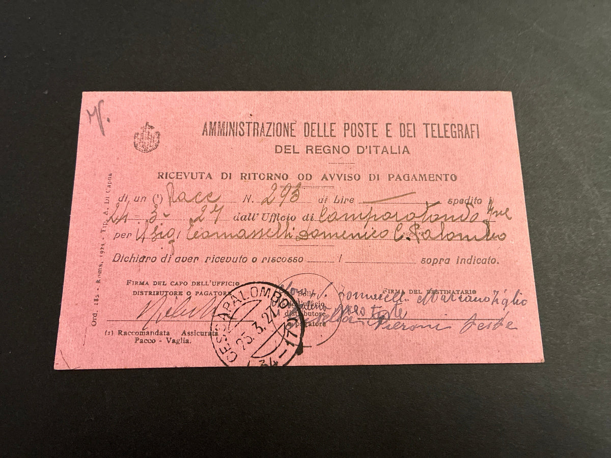 Ricevuta Ritorno 1927 da Camporotondo a Cessapalombo Macerata Frazionario 34-17 Francobollo Giubileo del Re 60 Centesimi Storia Postale Marche
