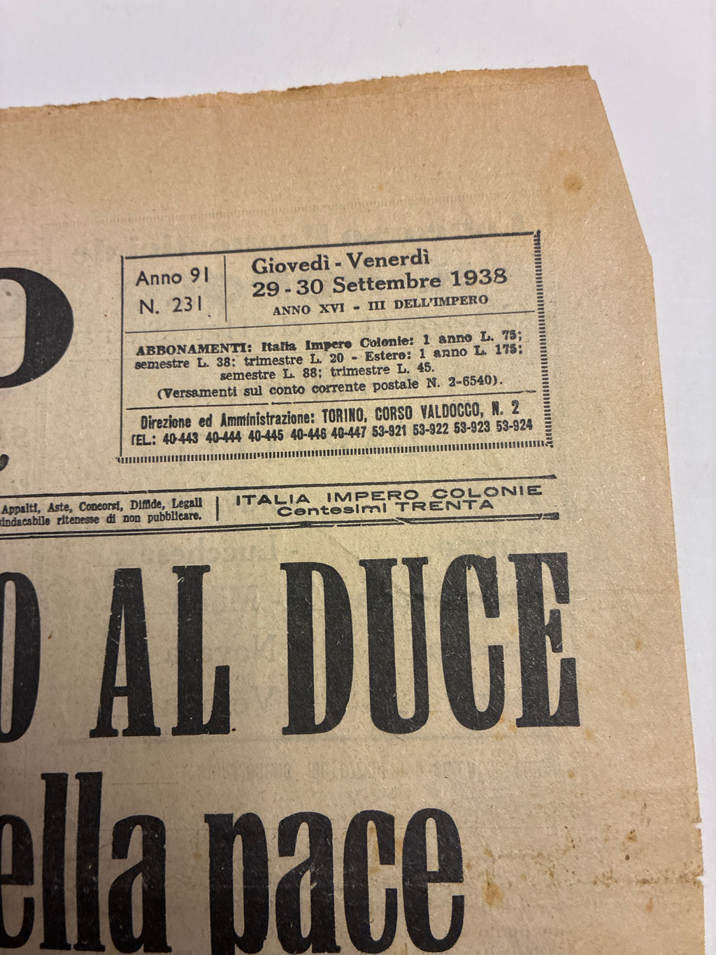 Quotidiano Storico Il Popolo Gazzetta della Sera 29-30 Settembre 1938 Conferenza Monaco Mussolini