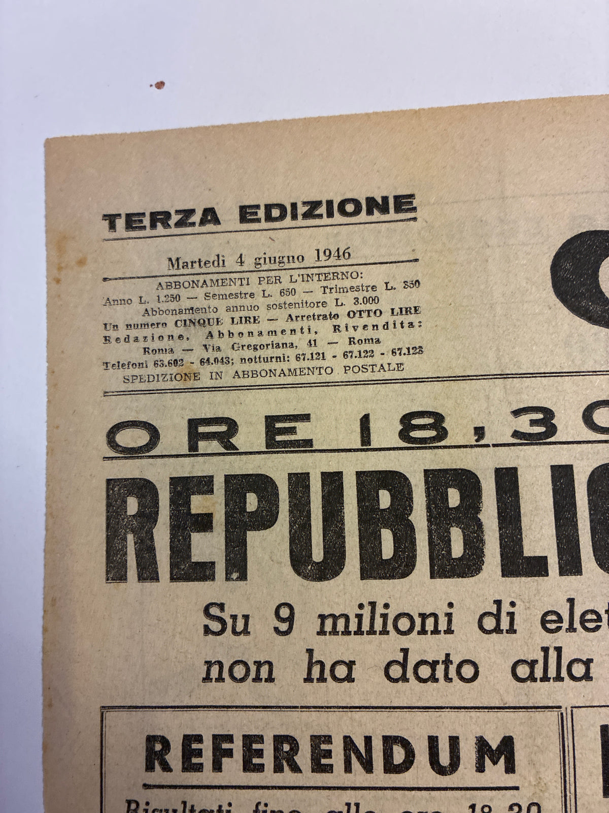 Quotidiano ORIGINALE 4 Giugno 1946 Avanti Vantaggio REPUBBLICA 2 Facciate