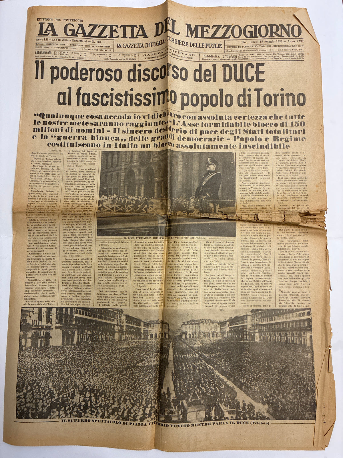 Quotidiano Originale Epoca La Gazzetta del Mezzogiorno 15 Maggio 1939 Discorso Duce Torino