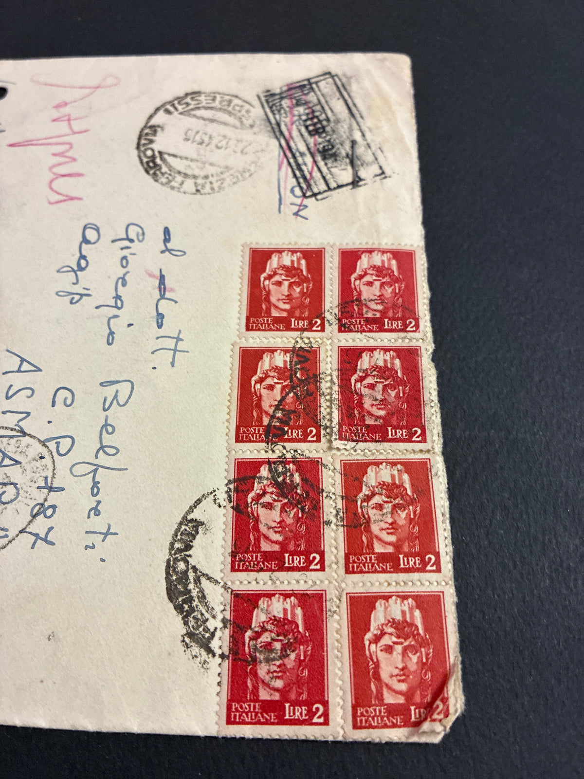 Busta via aerea della Luogotenenza del 1946 da Padova ad Asmara con blocco di 8 francobolli da 2 Lire