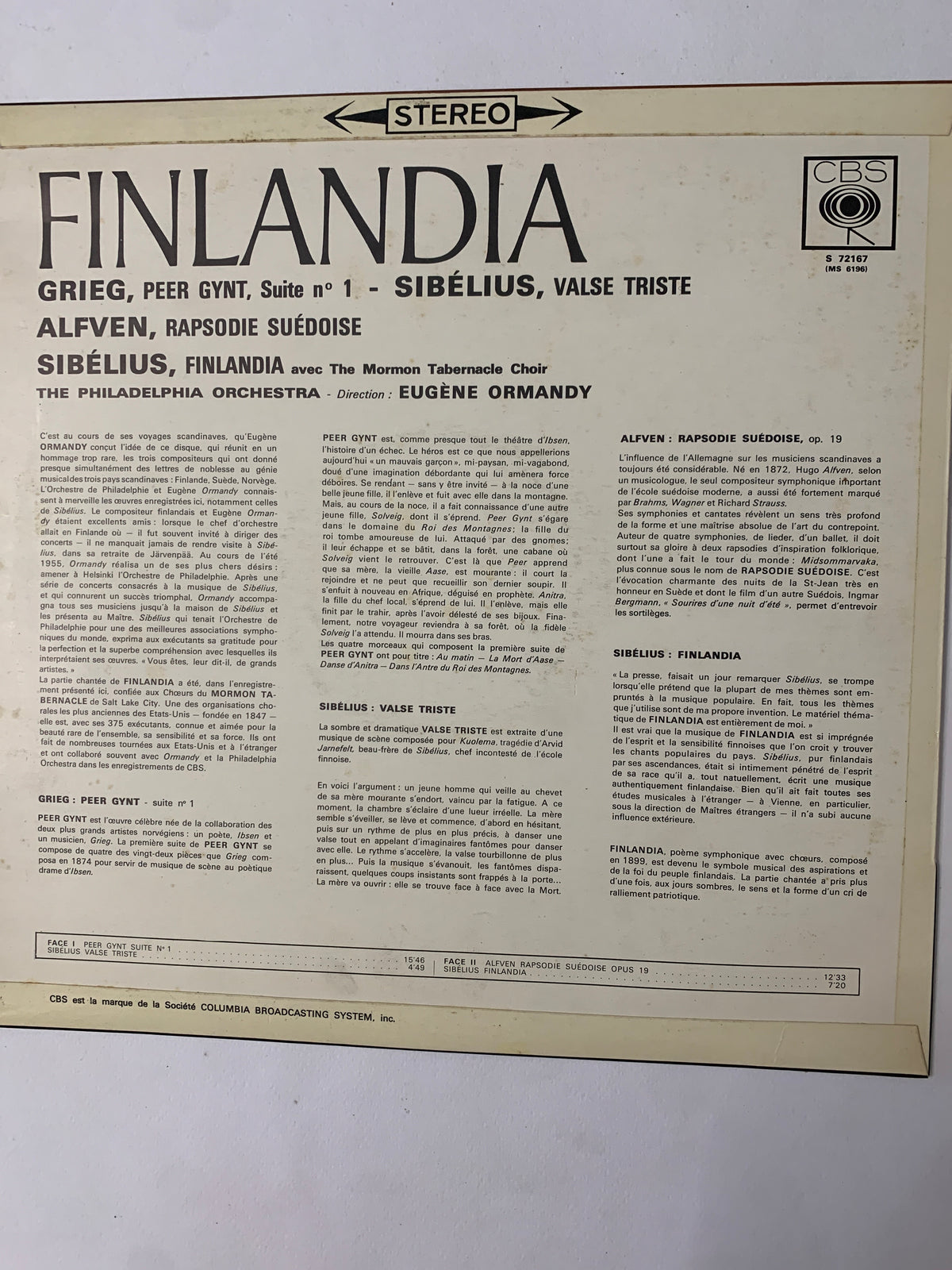 LP Vinile Finlandia – Eugene Ormandy Philadelphia Orchestra Sibelius Grieg (CBS S 72167 France)