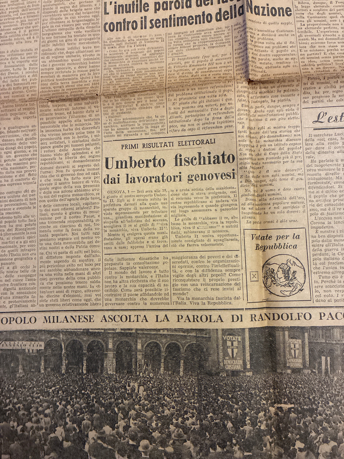 Quotidiano ORIGINALE 2 Giugno 1946 La Voce Repubblicana Referendum COMPLETO